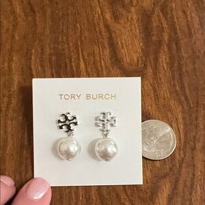 Tory Burch Silver Logo with Pearl Drop Earrings